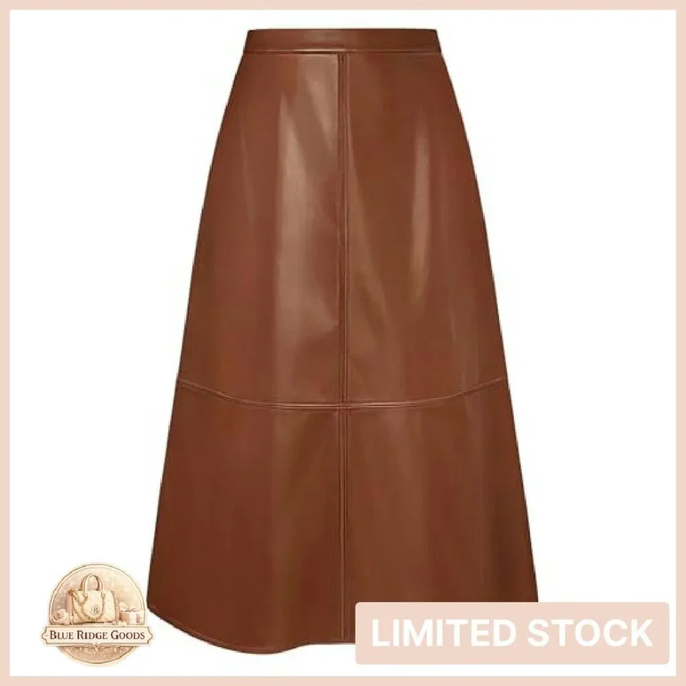 Faux Leather A-Line Midi Skirt High Waist Fall Winter Chic Elegant